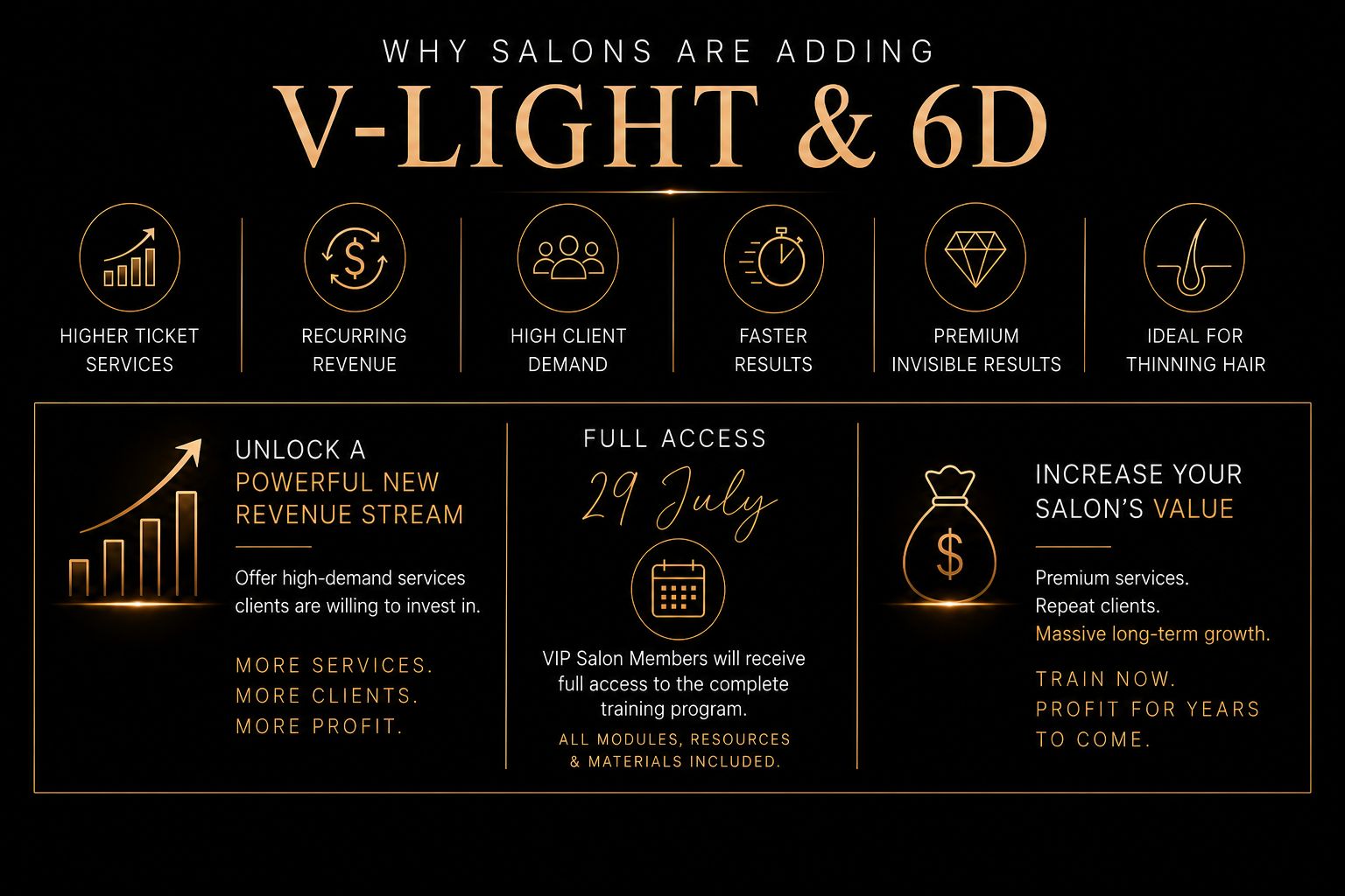 Luxury VIP salon training banner for Adore Hair Extensions featuring V-Light and 6D invisible hair extension education in Australia. Premium salon certification program with full access from 29 July 2026, professional self-paced learning, luxury invisible hair extension methods, recurring salon revenue opportunities, premium pricing strategies, certification upon completion, and exclusive VIP salon benefits including priority access and early access before public launch.