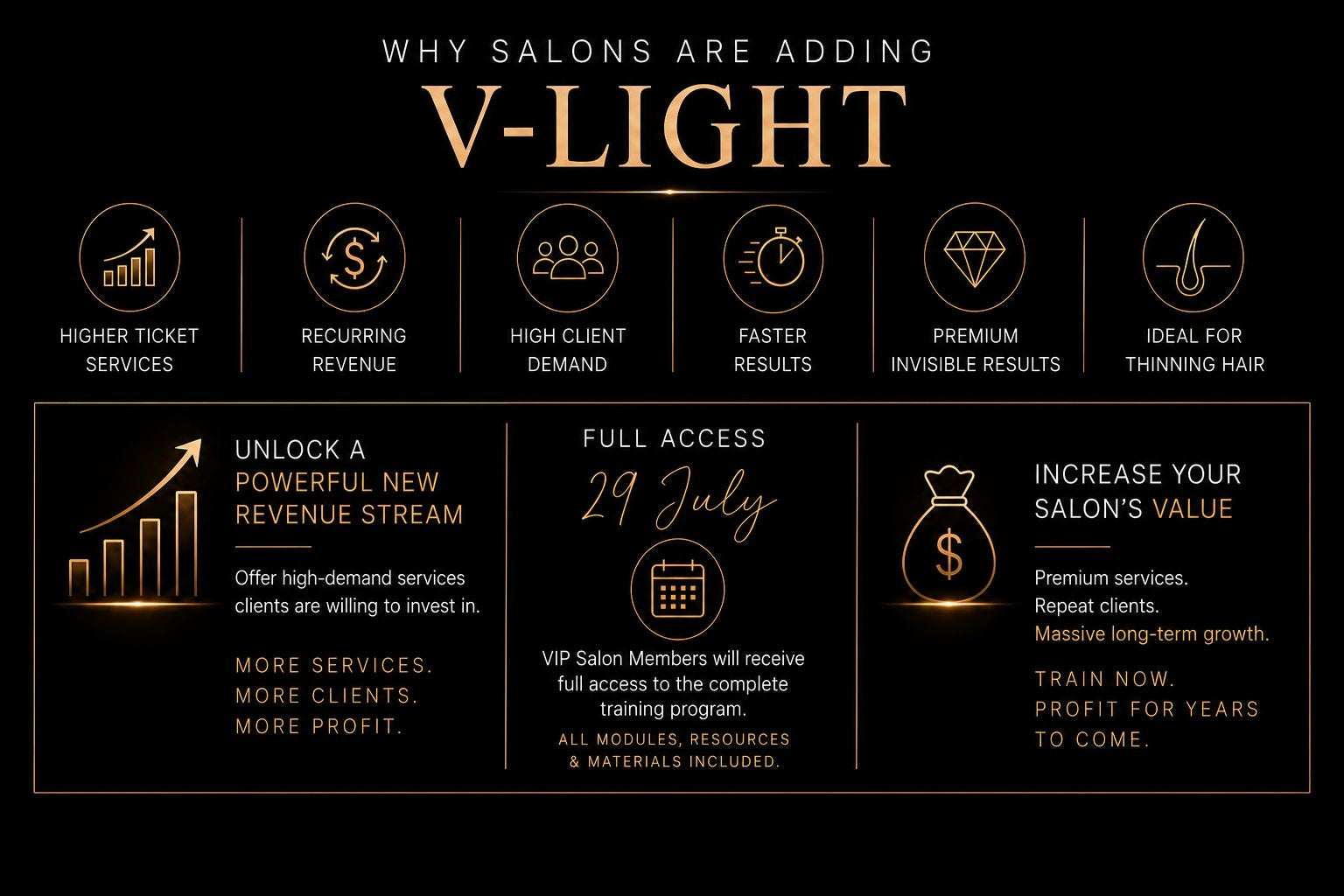 Luxury VIP salon training banner for Adore Hair Extensions featuring V-Light and 6D invisible hair extension education in Australia. Premium salon certification program with full access from 29 July 2026, professional self-paced learning, luxury invisible hair extension methods, recurring salon revenue opportunities, premium pricing strategies, certification upon completion, and exclusive VIP salon benefits including priority access and early access before public launch.