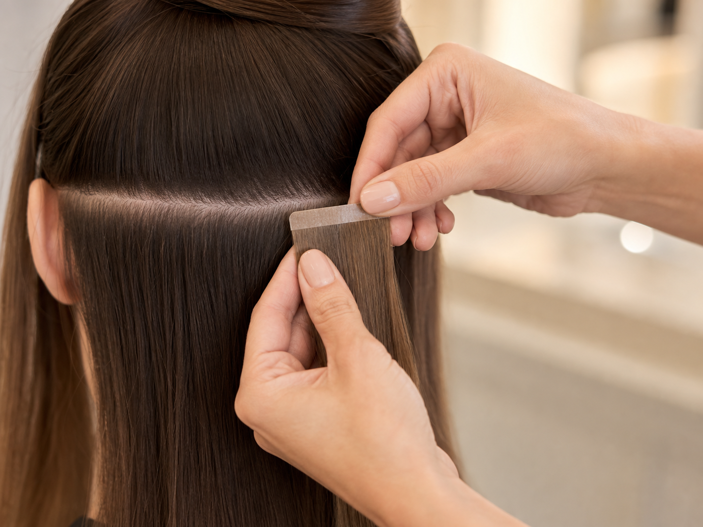 Professional stylist applying Tape-In hair extensions
