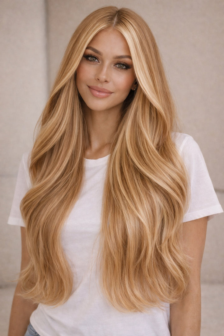 #Honey Beige Highlights V-Light Hair Extensions