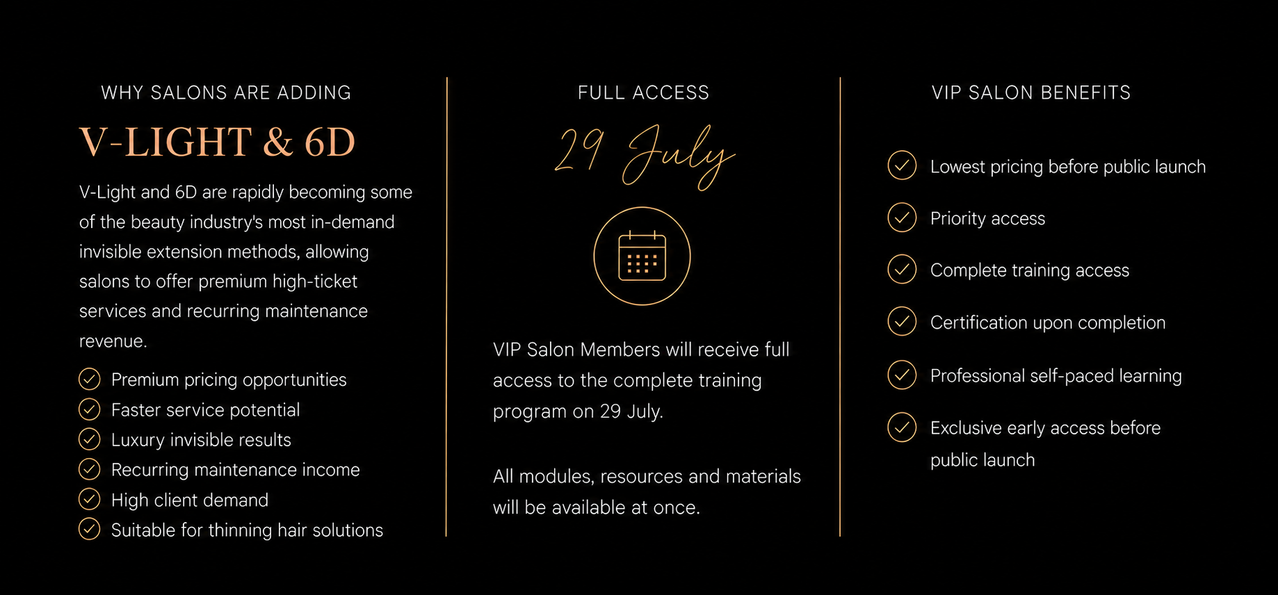 Luxury VIP salon training banner for Adore Hair Extensions featuring V-Light and 6D invisible hair extension education in Australia. Premium salon certification program with full access from 29 July 2026, professional self-paced learning, luxury invisible hair extension methods, recurring salon revenue opportunities, premium pricing strategies, certification upon completion, and exclusive VIP salon benefits including priority access and early access before public launch.