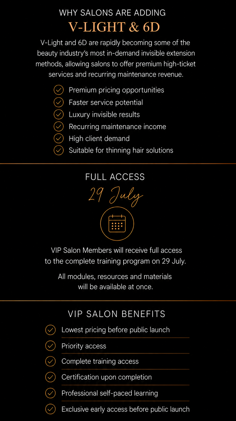Luxury VIP salon training banner for Adore Hair Extensions featuring V-Light and 6D invisible hair extension education in Australia. Premium salon certification program with full access from 29 July 2026, professional self-paced learning, luxury invisible hair extension methods, recurring salon revenue opportunities, premium pricing strategies, certification upon completion, and exclusive VIP salon benefits including priority access and early access before public launch.