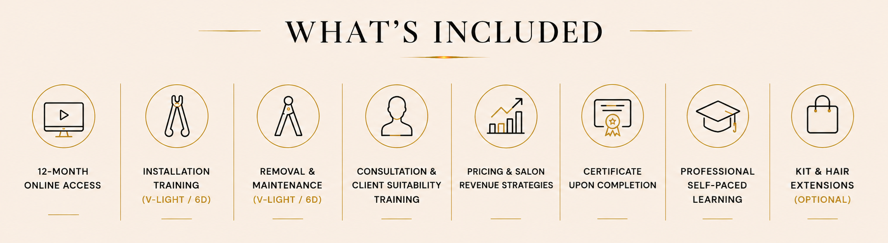 What’s Included in Adore Hair Extensions V-Light and 6D training course featuring 12 month online access, installation training (V-Light / 6D), removal and maintenance training (V-Light / 6D), client consultation training, certification, pricing and business strategies, professional learning resources, and optional premium hair extension kit and hair extensions for salons and hair professionals in Australia.