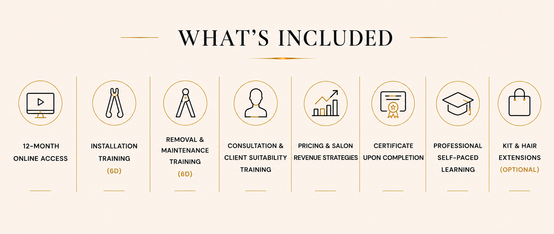 What’s Included in Adore Hair Extensions V-Light and 6D training course featuring 12 month online access, installation training (V-Light / 6D), removal and maintenance training (V-Light / 6D), client consultation training, certification, pricing and business strategies, professional learning resources, and optional premium hair extension kit and hair extensions for salons and hair professionals in Australia.
