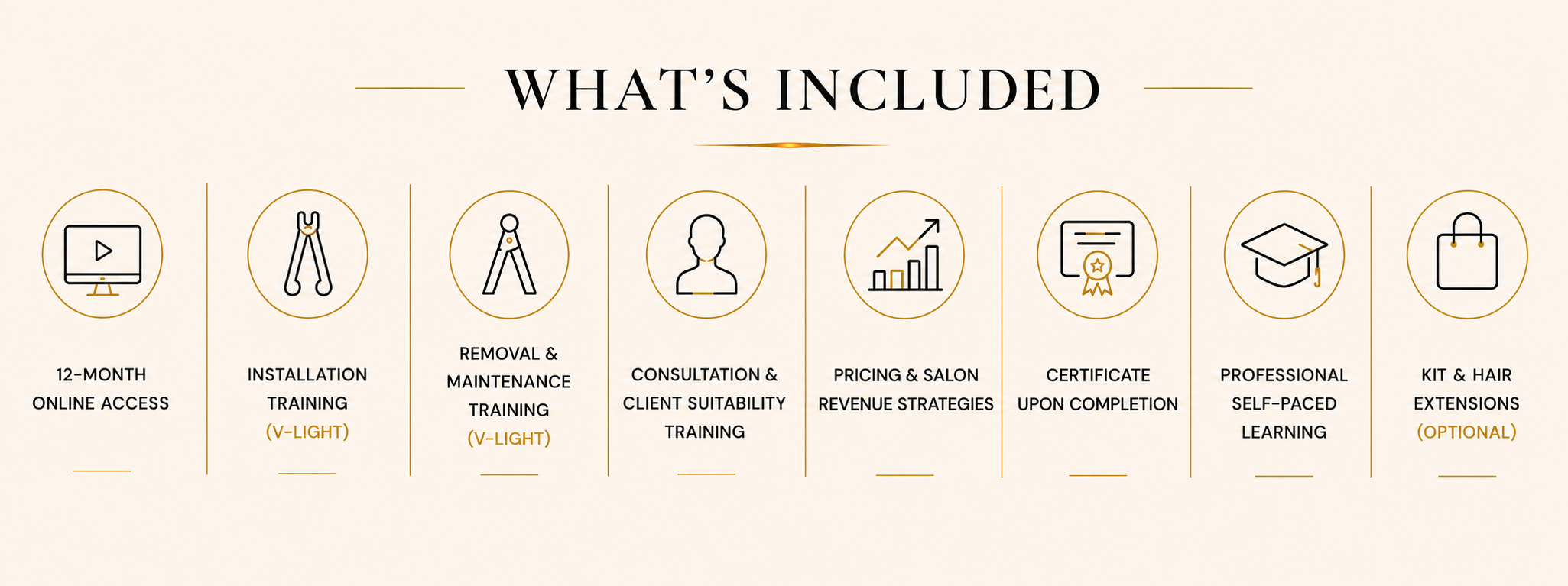 What’s Included in Adore Hair Extensions V-Light and 6D training course featuring 12 month online access, installation training (V-Light / 6D), removal and maintenance training (V-Light / 6D), client consultation training, certification, pricing and business strategies, professional learning resources, and optional premium hair extension kit and hair extensions for salons and hair professionals in Australia.